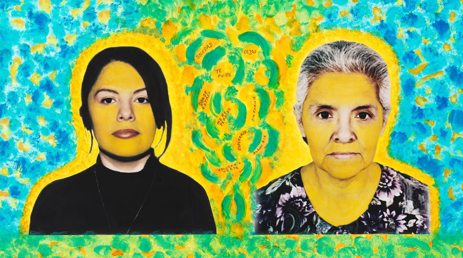 A yellow, green, blue painting made of energetic brush strokes has Mabel, a dark haired Latinx person wearing black, framed in yellow on the left. Mabel’s mother, a gray & white haired woman wearing a floral patterned blouse, is framed in yellow on the right.